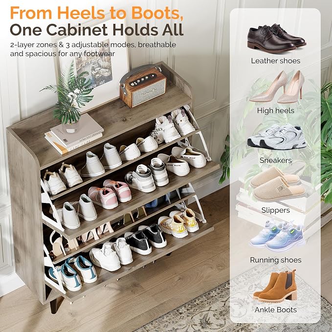 VINGLI Shoe Storage Cabinet for Entryway with 2 Flip Drawers, Ultra Slim Freestanding Entryway Shoe Organizer with Wood Tapered Legs,Hidden Closed Shoe Rack,31.6" W * 9.4" D * 39.4" H, Washed Gray - Image 5