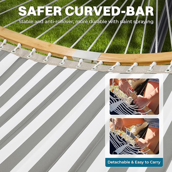 SUPERJARE Curved-Bar Hammock with Stand, 2 Person Heavy Duty Hammock Frame, Detachable Pillow & Portable Carrying Bag, Perfect for Outdoor & Indoor, Black and White Stripe - Image 7