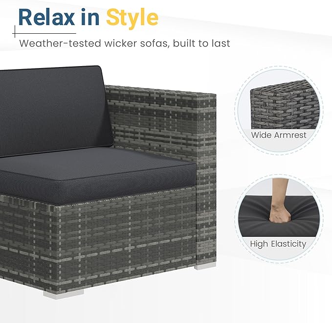 Wisteria Lane 5 Piece Outdoor Patio Furniture Set, All Weather Wicker Rattan Sectional Sofa Conversation Set with Cushions & Large Glass Coffee Table, Ideal for Garden Backyard Porch Balcony, Grey