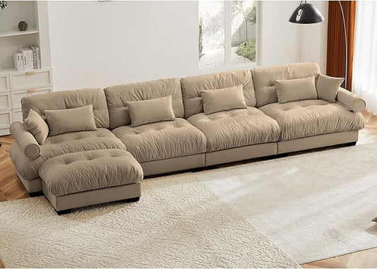 KEIKI 166" L-Shaped Oversized Velvet Modular Sectional Sofa with 1 Ottoman, High-Density Foam Cushions and Bolstered Armrests, Upholstered 4-Seater Cloud Couch with 6 Pillow, for Living Room, Camel