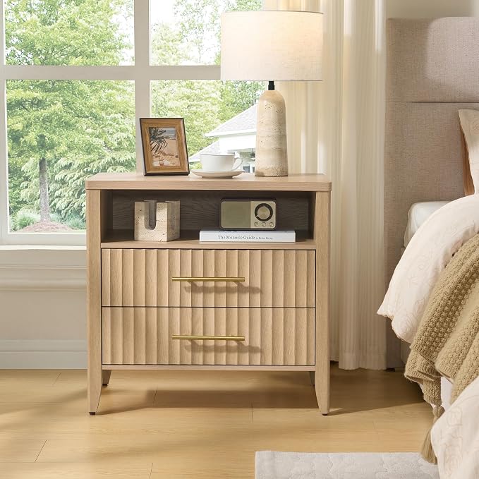 Fluted Nightstand with 2 Drawers, 27" Modern Nightstands with Storage Shelf, Large Queen Size Bedside Table and End Table for Bedroom, Office,Hallway (Natural, 1 Piece) - Image 6