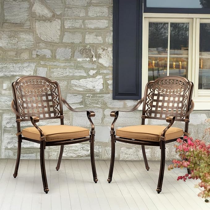VINGLI Patio Chairs Set of 4- Stackable Outdoor Cast Aluminum Dining Chairs with Vintage Bronze Finish and Plaid Pattern, Metal Armchairs for Poolside, Backyard, Balcony (with Cushion) - Image 7