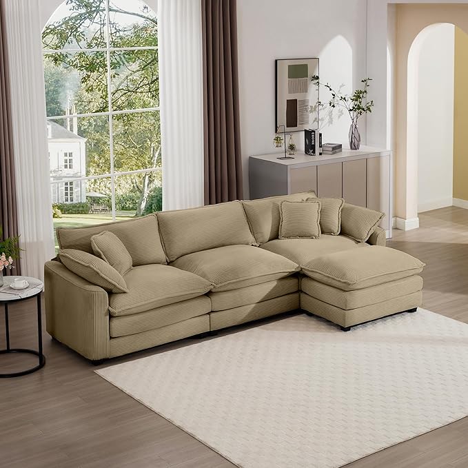 KEIKI 115" L-Shaped Oversized Corduroy Modular Sectional Sofa with 1 Ottoman, High-Density Foam Cushions, Removable Armrests, Upholstered 3-Seater Corner Couch with 5 Pillow, for Living Room, Tan