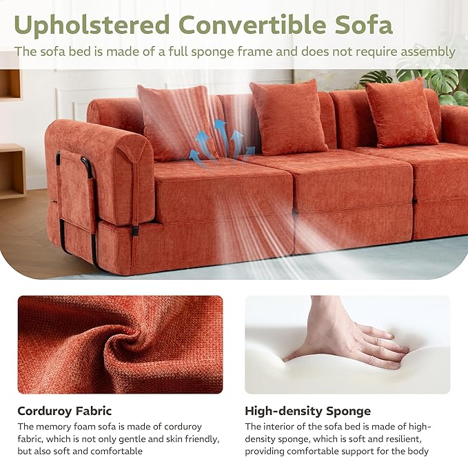 100" Convertible Sleeper Sofa Bed, Oversized Modular Sectional Cloud Sofa with Fixed-Shape Frame & Tabletop, Boneless Couch with Storage Pocket for Living Room, No Assembly Required, Orange