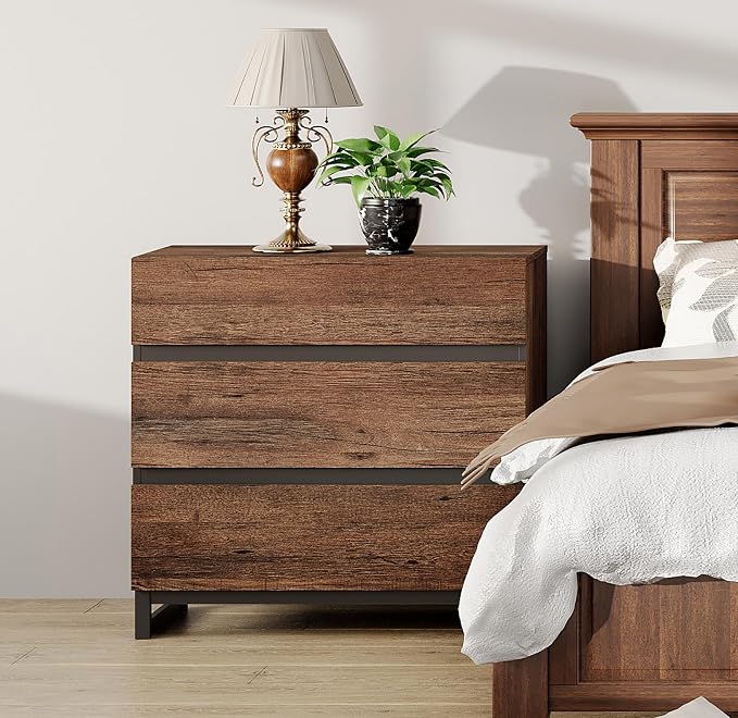 WAMPAT Nightstand with 3 Drawers for Bedroom, Modern Bedside Table with Black Square Metal Leg, Wood Rustic Side End Table, Brown - Image 5