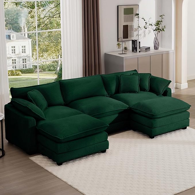 KEIKI 115" U-Shaped Oversized Corduroy Modular Sectional Sofa with 2 Ottoman, High-Density Foam Cushions, Removable Armrests, Upholstered 3-Seater Corner Couch with 5 Pillow, for Living Room, Green