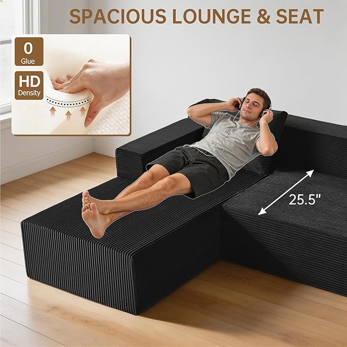 103" Boneless Corduroy Sectional Couch with Left Chaise, Modular L Shaped Black Couches for Living Room, Large Minimalist Modern Deep Seat Floor Sofa Set, No Assembly