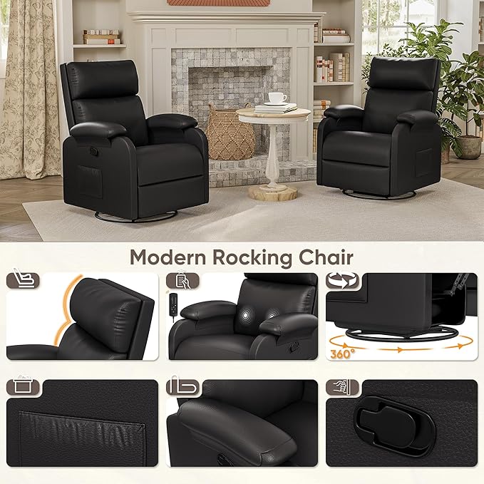 Homall Recliner Chair, 360 Swivel Rocking Chair for Adults, Massage Nursery Chair with Adjustable Backrest and Footrest, PU Leather Glider Rocker Recliners with Side Pocket for Living Room (Black)