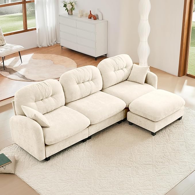 KEIKI 107" L-Shaped Oversized Chenille Modular Sectional Sofa with 1 Ottoman, High-Density Foam Cushions, Tufted Pleated Cushion Backrest, Modern 3-Seater Couch with 2 Pillow, for Living Room, Beige