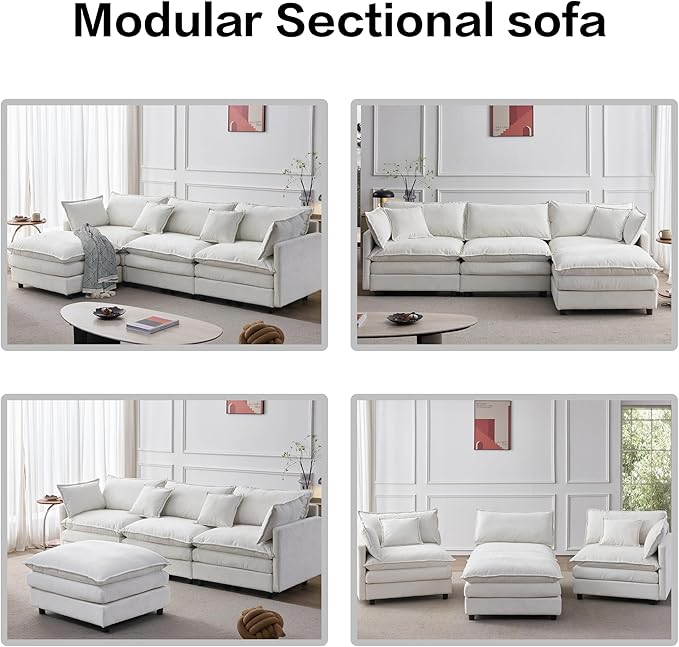 105" Oversized Modular Cloud Sectional Sofa Free Convertible L-Shaped Corner Sectional with Movable Ottoman, Chenille Upholstered Multiple Cushions Cloud Sofa Couches | Easy to Assemble