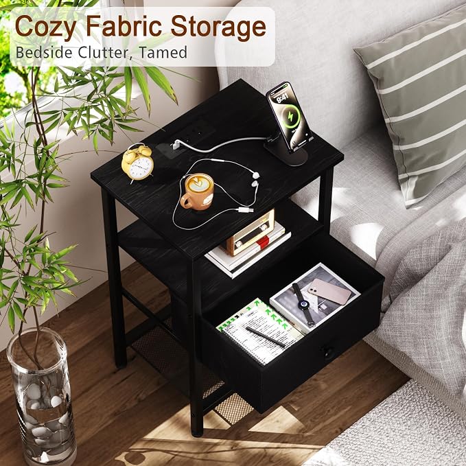 LOAKEKEL Night Stand with Charging Station, Small Bedside Table with Fabric Drawer, Nightstand with USB Ports & Outlets for Bedroom, Black, HETS010BK-1 - Image 5