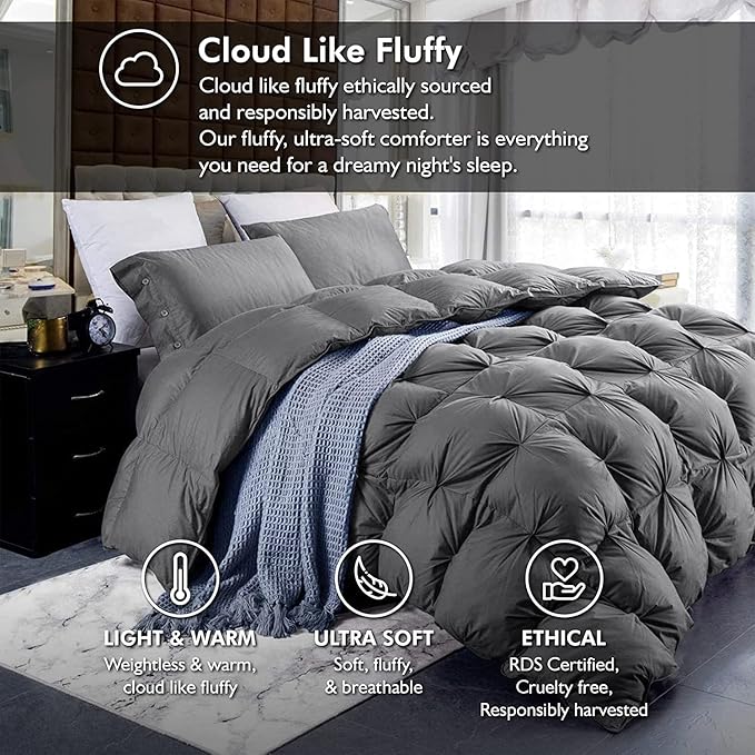 Luxurious King/California King Goose Down Comforter, Unique Gray Pinch Pleat, 600 Thread Count, 100% Egyptian Cotton Cover, 75 Oz Fill Weight, 750 Fill Power