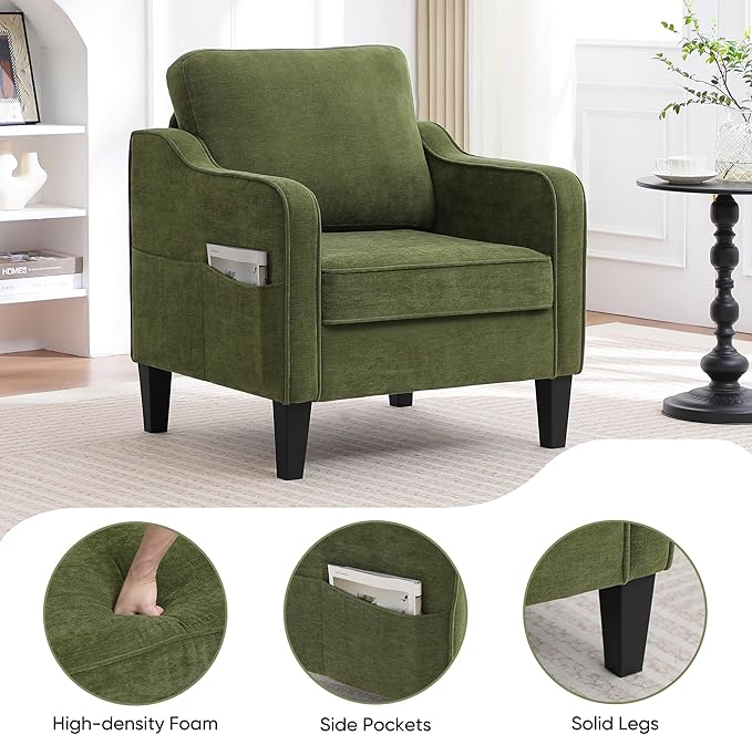 Accent Chairs Set of 2, Upholstered Living Room Chairs with Side Pocket, Mid Century Modern Reading Chair for Bedroom, Comfy Armchair Single Sofa Side Chair for Office, Small Room, Olive Green