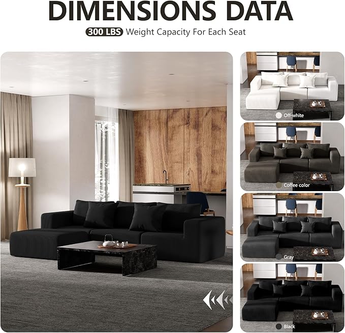 Modern Cloud Sectional Couches for Living Room, Convertible L-Shape Boneless Couches with Ottoman, 3 Seater Corduroy Modular Sectional Sofa with Pockets No Assembly (Black) | Sectional Couches, L-Shape Sofa, with Ottoman, No Assembly Required