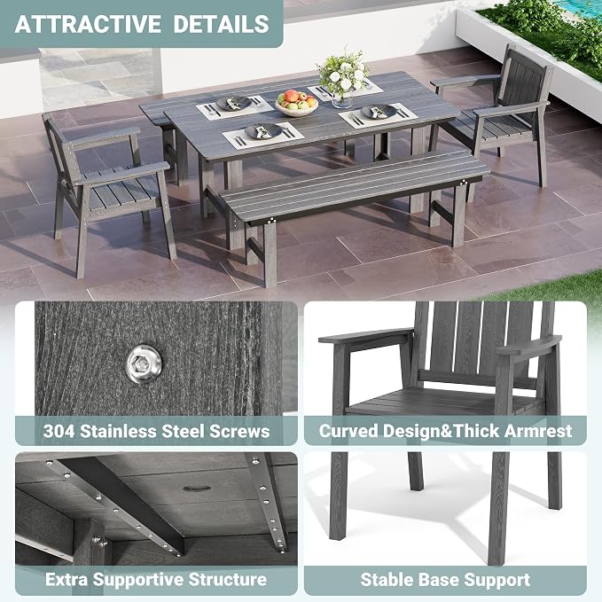 Pamapic 5 PCS Outdoor Dining Set, Spacious HDPE Outdoor Table and Chairs with 2 Bench, Wood Grain Patio Furniture Sets with Elegant Armrest, All-Weather Outdoor Furniture with Umbrella Hole, Gray - Image 8