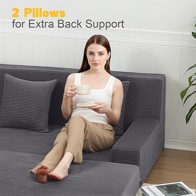 MeMoreCool Folding Futon Couch Queen – Boneless Corduroy Sofa Bed, Convertible Foam Floor Lounger with Pillow & Washable Cover, Foldable Sleeper for Living Room, Bedroom, Guest Space