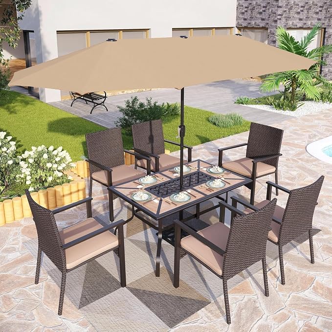 PHI VILLA Outdoor Dining Table for 6, Rectangular Metal Wrought Iron Table with Polywood Tabletop and Umbrella Hole, Large Heavy-Duty Furniture for Patio, Deck, Yard, Porch - Image 2