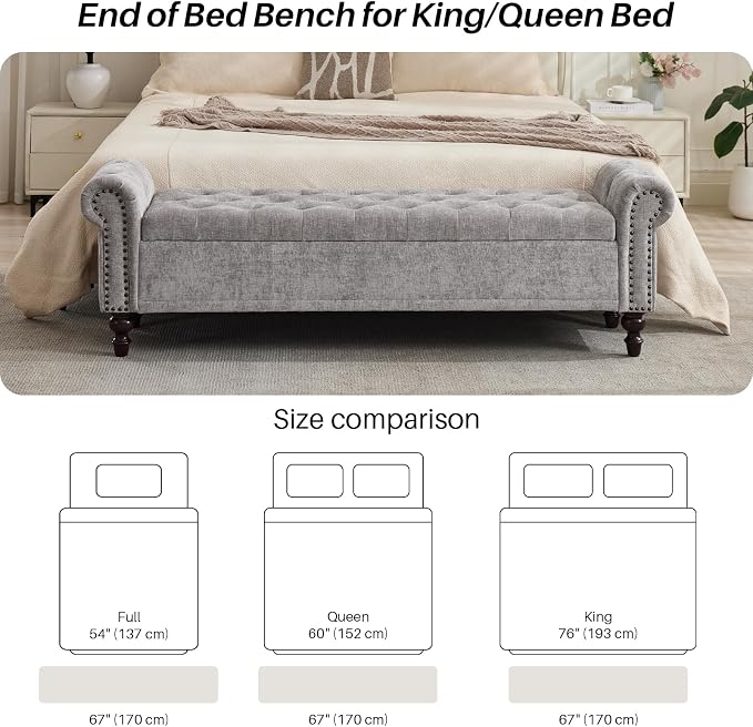 SOFTHION Storage Bench for Bedroom, 67" End of Bed Bench King Size, Upholstered Chenille Storage Ottoman with Tufted Cushioned Rolled Arm Large Storage Space for Living Room Entryway, Light Grey - Image 5