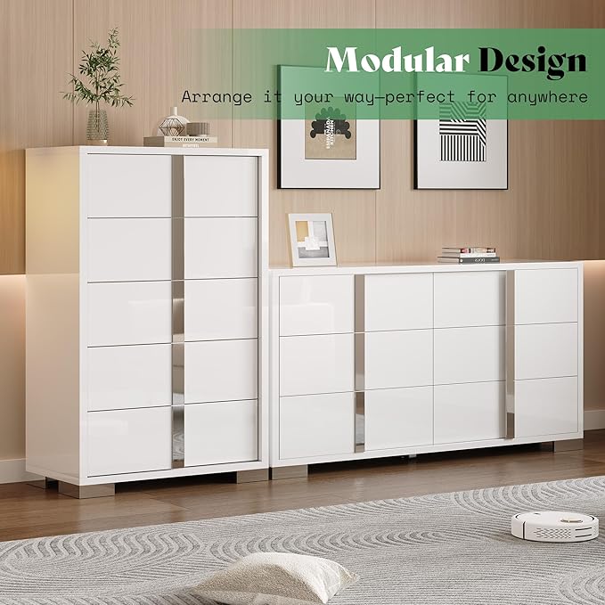 AMERLIFE 5-Piece Modern Bedroom Sets with King Size Upholstered Platform Bed Frame, 58" Wingback Headboard, Spacious 6-Drawer Dresser, Tall Chest, and 2 Coordinated Nightstands, Cream and White