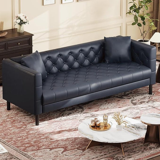 IDEALHOUSE 81" Mid-Century Modern Leather Sofa for Living Room, Chesterfield Sofa with Deep Seats and 2 Pillows, 3 Seater Couch with Button Tufted, Leather Couch for Apartment, Office, Blue