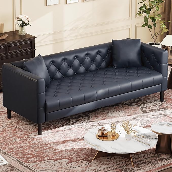 GarveeHome 81 in Leather Couch for Living Room, Modern Sofa Couch with Deep Seat and 2 Pillows, Handmade Button Tufted 3 Seater Sofa, Leather Sofa for Apartment, Office, Blue