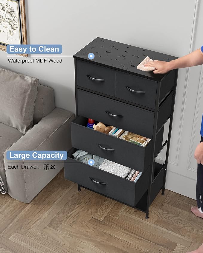 Crestlive Products Vertical Dresser Storage Tower - Sturdy Steel Frame, Wood Top, Easy Pull Fabric Bins - Organizer Unit for Bedroom, Entryway, Closets - 6 Drawers (Black) - Image 6