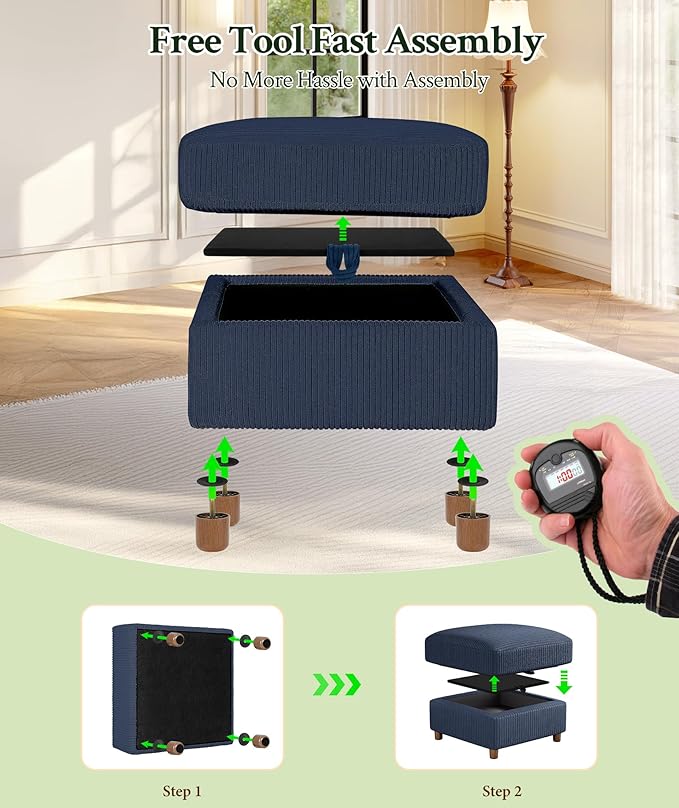 25.2" Couches for Living Room, Comfy Blue Ottoman with Storage, Foot Rest Tool-Free Setup, Small Ottoman Foot Rest for Couch, Corduroy Couch for Bedroom, Apartment, Office
