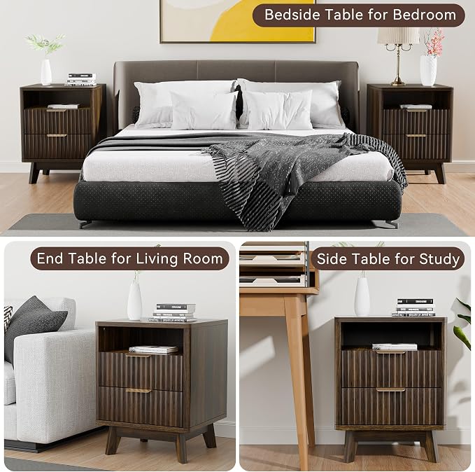 Fluted Nightstand with 2 Drawers, 18" Modern Night Stand with Faux Marble Top, Open Storage Shelf, Curved Edge Bedside Table for Bedroom, End Side Table (2, Walnut) - Image 6