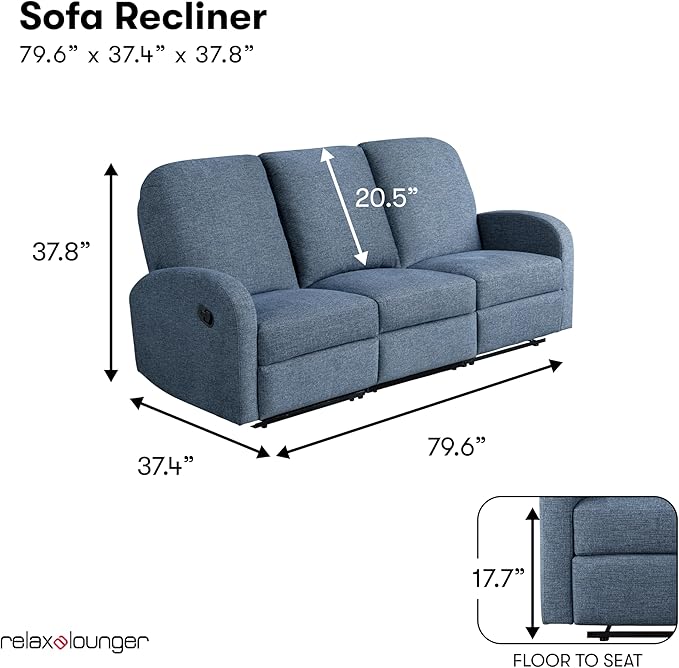 Relax-A-Lounger® Palmdale 79.6" Rocker Manual Pull-Handle Sofa Recliner, Soft Modern, Pocket Coil Comfort, Black Metal Base Leg, Soft Chenille Fabric, Blue