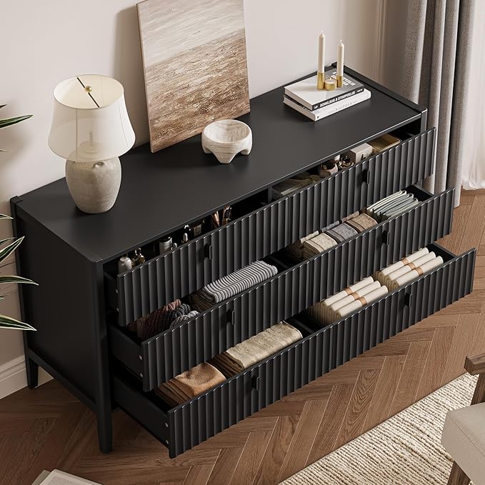 MAISONARIA 3-Piece Dresser Bedroom Set, 6 Drawer Dresser & 2 Drawer Nightstands with Metal Handles, Fluted Wood Chest of Drawers for Bedroom, Living Room, Entryway, Black