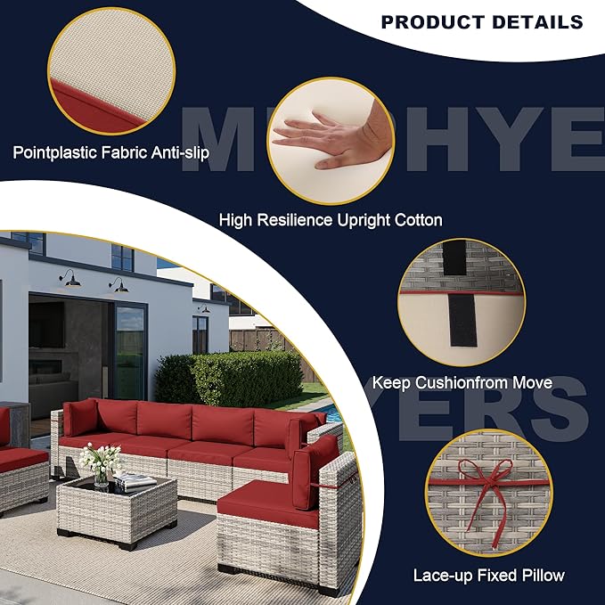 14-Piece Outdoor Patio Furniture Set, PE Wicker Rattan Sectional Sofa Conversation Set with Tempered Glass Table & Thick Cushions - All-Weather Garden, Backyard Furniture, Red