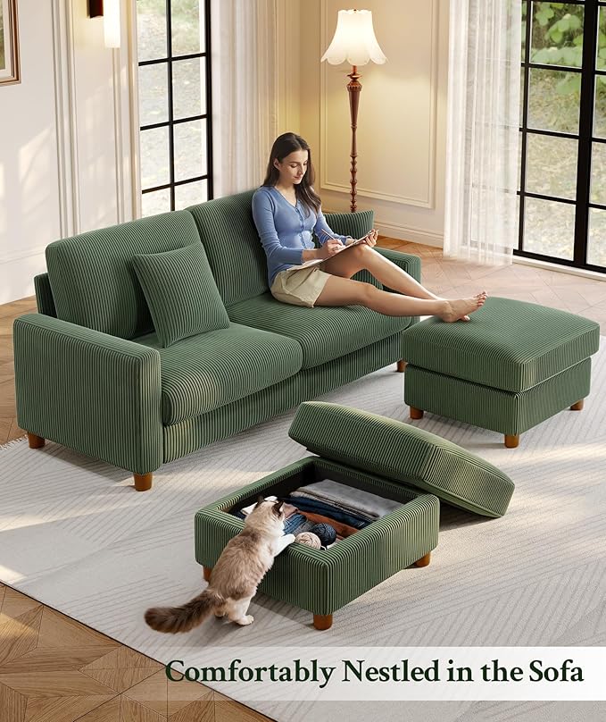 70.2" Couches for living room, Comfy U Shaped Couch Green 7.1" Thicker Cushion, Sofas for Living Room Tool-Free Setup, Loveseat with Ottoman 7058lbs Support, Corduroy Couch for Bedroom, Office