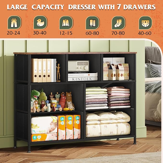 WLIVE 7 Drawer Dresser TV Stand, Entertainment Center, Media Console Table with Metal Frame and Wood Top for TV up to 45 inch, Chest of Drawers for Bedroom, Living Room, Pattern - Image 4