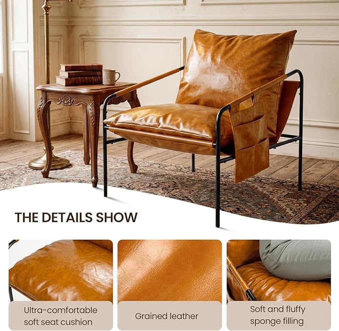 Modern Bright Orange Oversized Faux Leather Recliner Armchair, Comfy Accent Chair with Sturdy Metal Frame Armrest Bag, Indoor Outdoor Couch Sofa Chair for Living Room Bedroom Patio Lounge