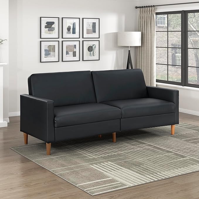 Lexicon 79"W Convertible Futon Sofa Bed, Loveseat, Faux Leather Upholstered Couch Sleeper, Adjustable Backrests, Padded Pocket Coil, Solid Wood Legs for Living Room, Bedroom, Apartment, Office, Black