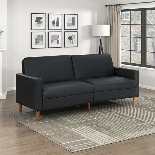 Lexicon 79"W Convertible Futon Sofa Bed, Loveseat, Faux Leather Upholstered Couch Sleeper, Adjustable Backrests, Padded Pocket Coil, Solid Wood Legs for Living Room, Bedroom, Apartment, Office, Black