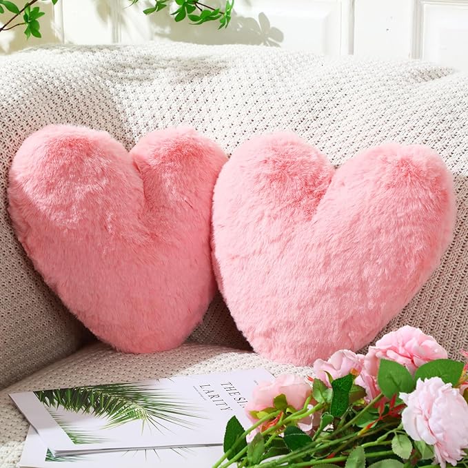 Marsui 2 Pcs Heart Throw Pillows, Soft Fluffy Faux Fur Decorative Hearts Shaped Pillows for Living Room Sofa Bed, Cute Heart Themed Gift for Women(Shrimp Pink,11.81 x 11.02 Inch)