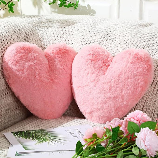 Marsui 2 Pcs Heart Throw Pillows, Soft Fluffy Faux Fur Decorative Hearts Shaped Pillows for Living Room Sofa Bed, Cute Heart Themed Gift for Women(Shrimp Pink,11.81 x 11.02 Inch)