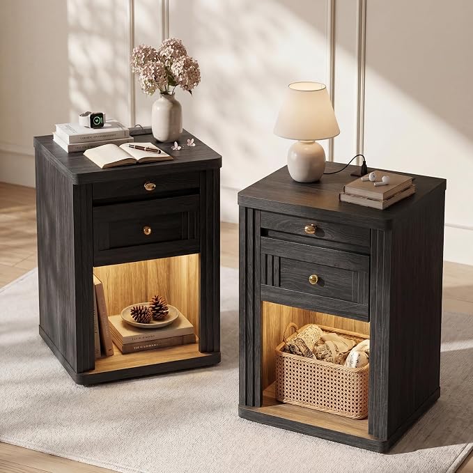 STO'SENSE Nightstands Set of 2, Narrow Night Stands with Charging Station & Led Light, Wood Nightstand Bedside Table with Drawers & Pull-Out Tray, End Table for Bedroom, Black by STOSENSE
