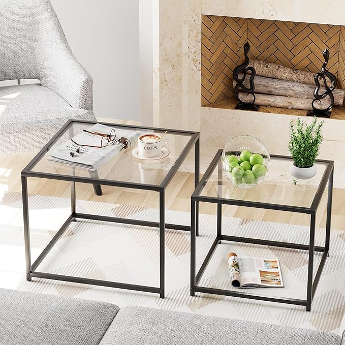 Garden 4 you Coffee Table Set of 2, Modern Glass Nesting Table, Metal Frame Square Center Table Set, Side Tables, Nesting Coffee Table for Living Room, Bedroom and Small Spaces, 23.6in Black