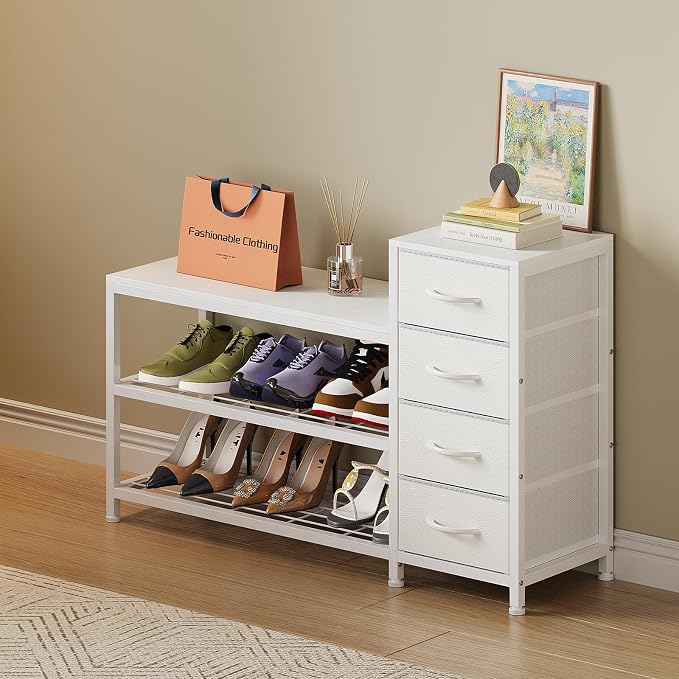 EXOTICA 3-Tier Shoe Storage Bench White Entryway Shoe Rack with 4 Drawers and Seating Shoe Shelf Storage Cabinet for Hallway Front Door Doorway Living Room Mudroom Steel Frame - Image 4