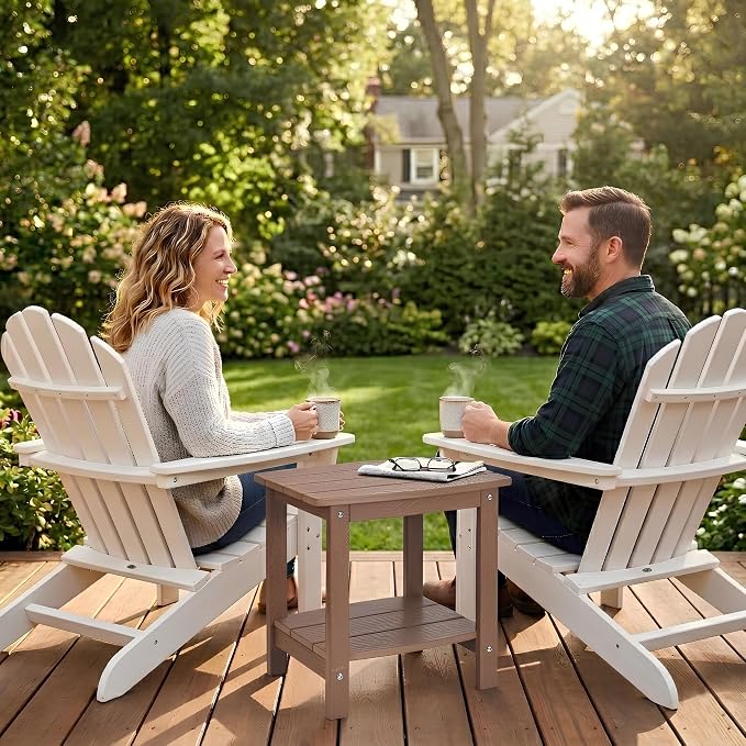 Y&M Outdoor Side Table, HIPS Adirondack Small Double Layer Table, Waterproof Square Outside Table, Balcony Modern End Tables for Patio, Pool, Beach, Porch, Deck, Indoor or Outdoor Use, Brown - Image 2