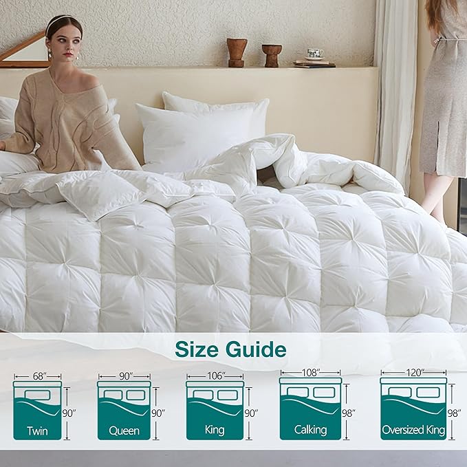 KAKABELL Pinch Pleat Goose Down Feathers Fiber Comforter Twin Size All Season-Ultra Soft and Cozy Noiseless Duvet Insert with Egyptian Cotton Blend Cover,Fluffy Warm Comforter Insert(White,68"X90")