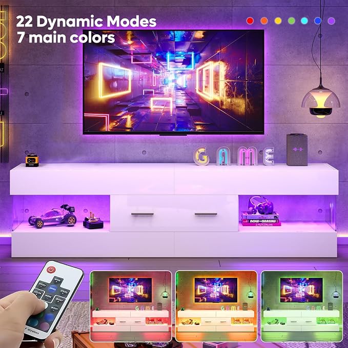 Bestier TV Stand for 55/60/65 Inch TV, High Gloss Modern TV Stand with Stone-Patterned Side Panels, LED Entertainment Center with Large Drawer, TV Consoles for Living Room, Bedroom (Glossy White) - Image 2