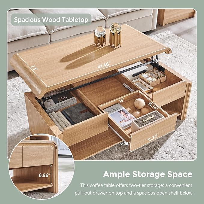 47" Lift Top Coffee Table with Storage, Modern Coffee Table with Pull-Out Drawer and Two-Tier Storage, Rectangle Wood Center Table w/Curved Profile Design for Living Room, Natural
