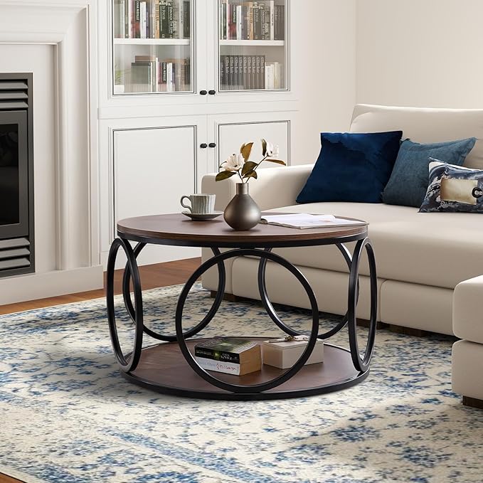 BECHAEO 31.5" Round Coffee Table with Storage - 2 Tier Vintage Coffee Table for Living Room, Industrial Design Wood Top & Metal Legs, Modern Accent Cocktail Tables for Home Office