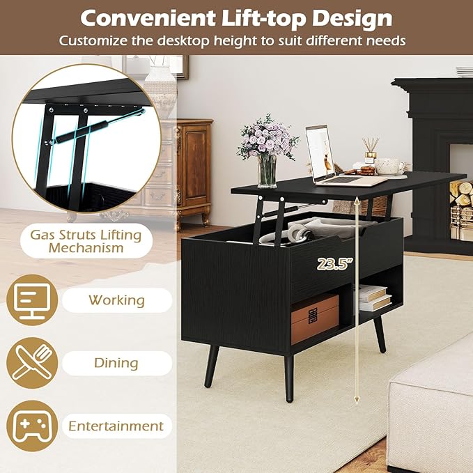Giantex Lift Top Coffee Table, Modern Cocktail Table w/Hidden Compartment & 2 Open Shelves, Flip Top Center Table, Wooden Pull up Coffee Table for Living Room, Reception Room, Office (Black)