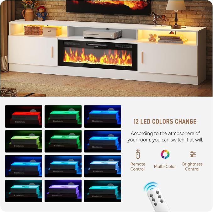 MXV 78" Fireplace TV Stand with Power Outlet for TVs UP to 90", Electric Fireplace Entertainment Center with LED Lights & Storage Cabinets, TV Console for Living Room, Office, White-Black - Image 6
