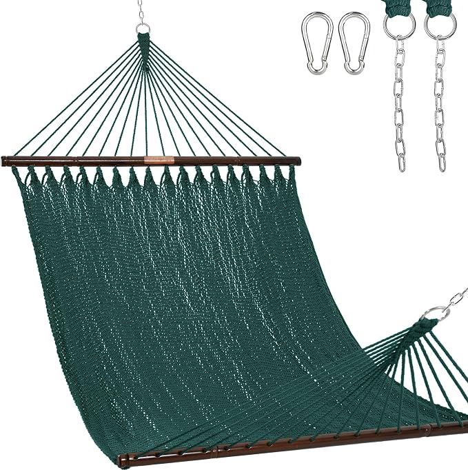 Lazy Daze Hammocks 10.5 FT Double 2 Person Caribbean Rope Hammock, Hand Woven Polyester Hammock with Spreader Bars, for Outside Outdoor Backyard Patio Poolside, 450 LBS Capacity, Green by LazyDazeHammocks