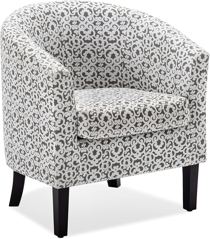 BELLEZE Accent Barrel Chair, Linen Round Chair Club Tub Sofa Corner Chair with Flared Legs and Cozy Soft Padding for Living Room Bedroom Waiting Room - White & Brown